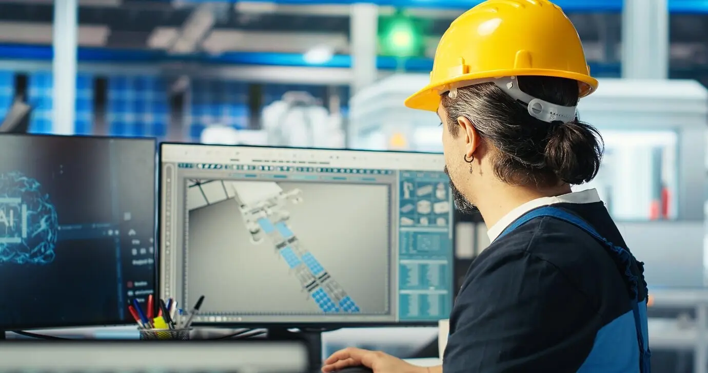 Инженер фотовольтаического завода использует искусственный интеллект для мониторинга производительности роботизированных манипуляторов