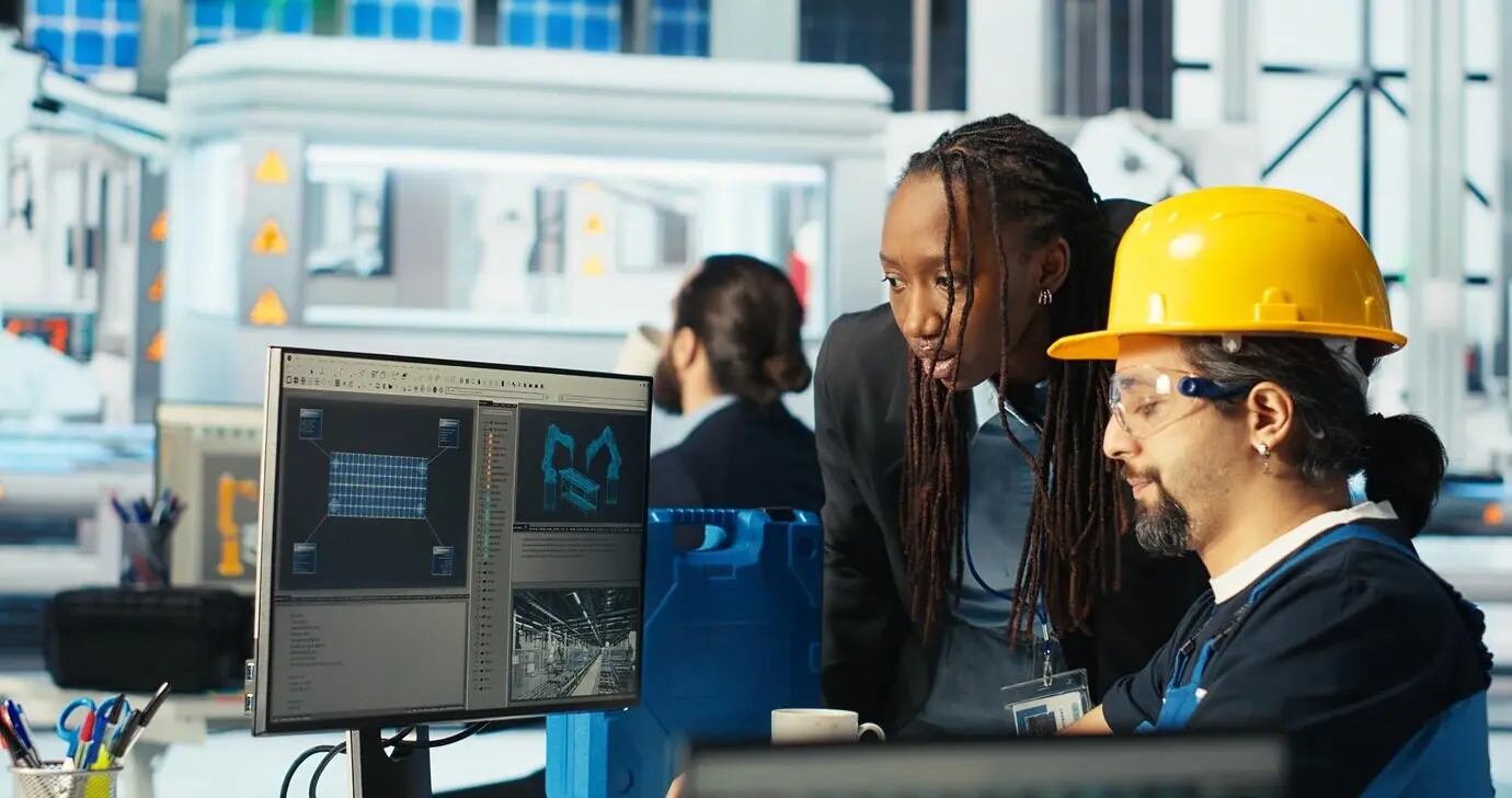 Эксперт завода по производству солнечных панелей инструктирует техника, как наилучшим образом использовать энергию солнца.