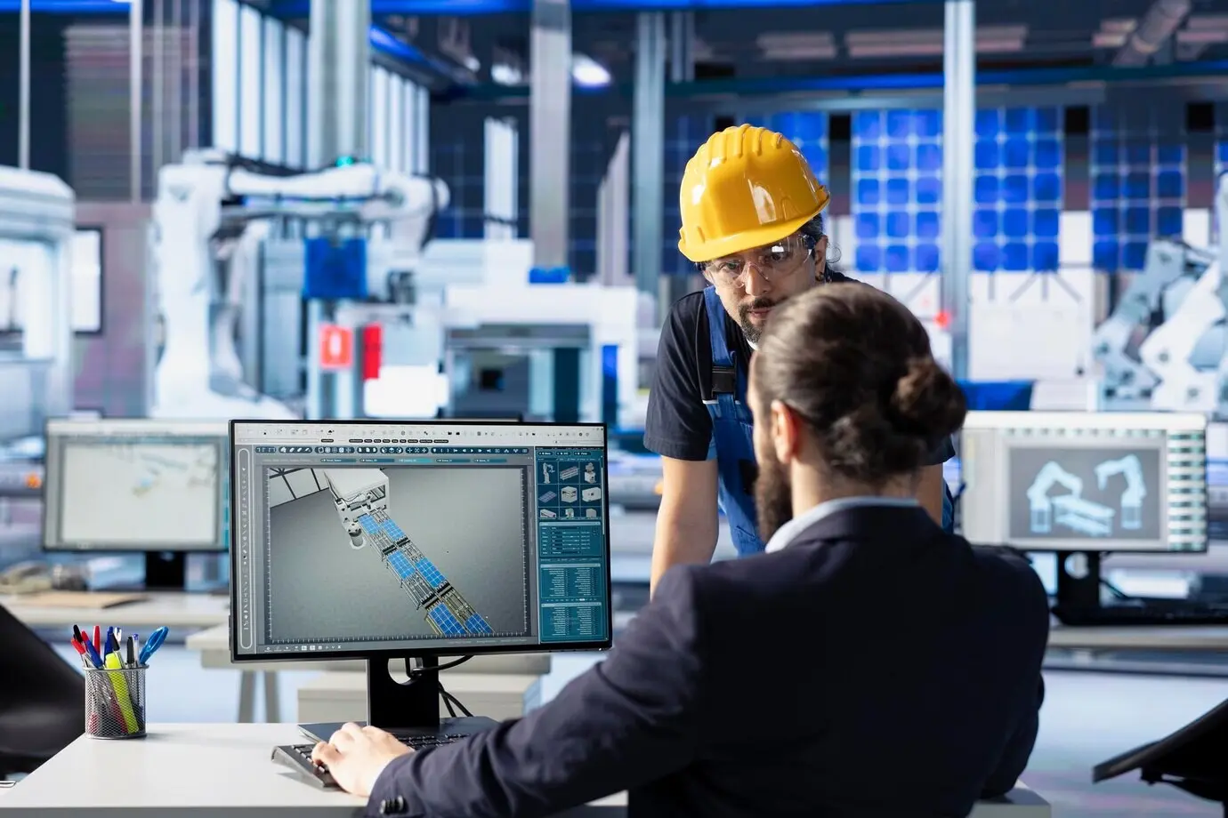 Инженерная команда фотовольтаического завода проводит тестирование производительности солнечных панелей.