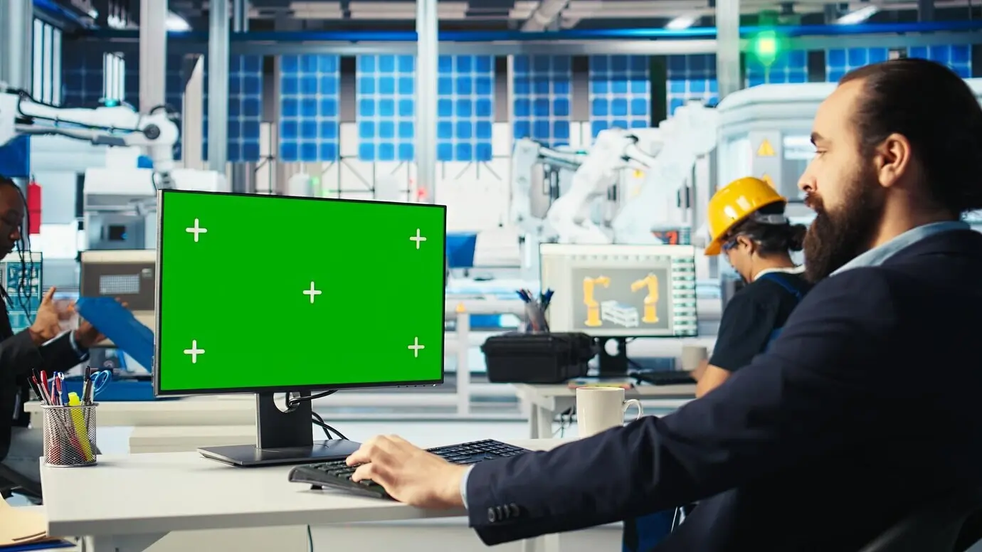 Работник завода по производству солнечных панелей сокращает простои, используя компьютер с зелёным экраном.